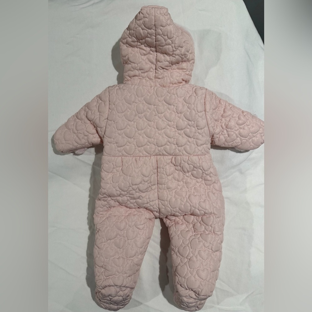 Rothschild Pale Pink With Hearts Quilted Hooded Baby One-Piece snowsuit - Picture 3 of 5